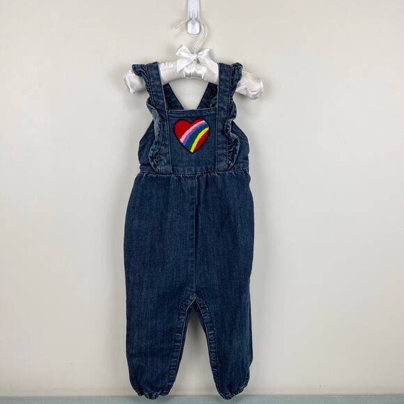 Hanna Andersson Rainbow Heart Ruffle Denim Overalls 85 cm 2T - Picture 1 of 7